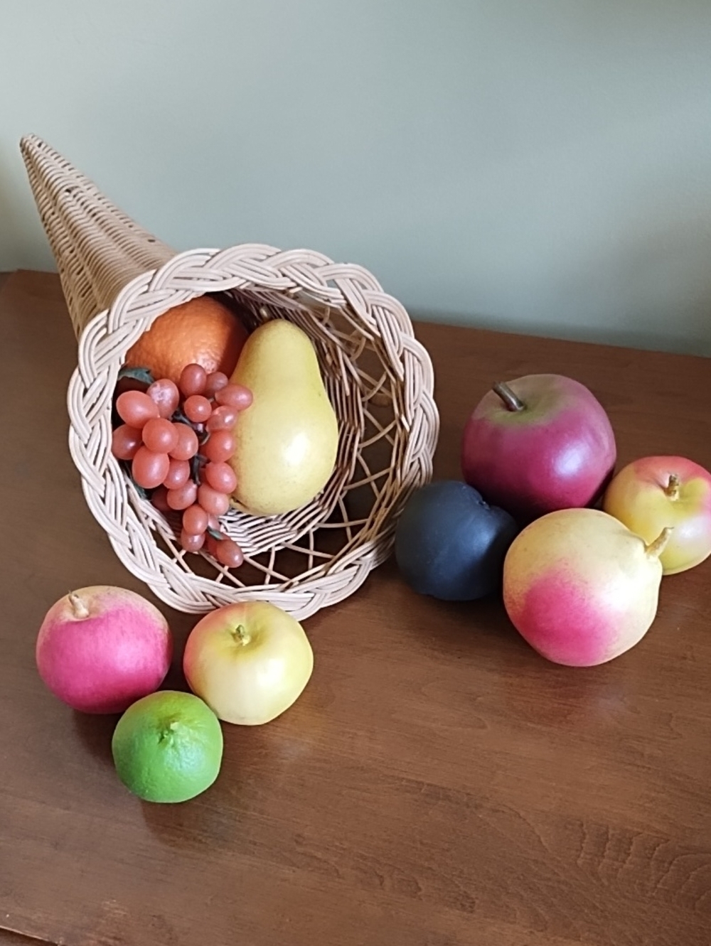 Vintage Wicker Cornucopia Basket Fall Thanksgiving Decor with Faux Fruit Lot
